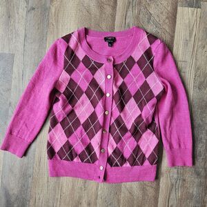 Talbots Pink Argyle Merino Wool Cardigan Sweater Small Petite Excellent